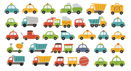 Set of vector transportation icons: car, truck, bus, and taxi illustrations for kids, perfect for road travel and traffic designs