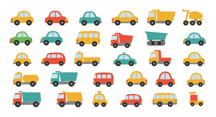 A collection of colorful cartoon transport vehicle icons perfect for children's designs