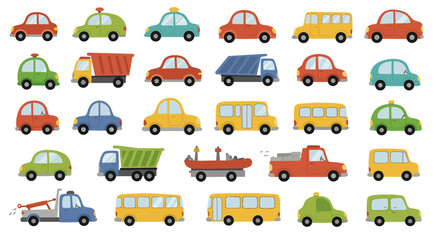 A vector set of diverse transportation icons including cars, trucks, buses, and taxis illustrates various vehicles for travel and traffic © grvect02