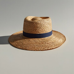 Straw Summer Hat with Black Band on Neutral Background