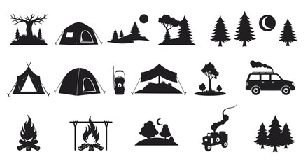 Obraz premium A set of vector camping icons illustrates a summer landscape with mountains, a tent, sun, and water, symbolizing nature travel