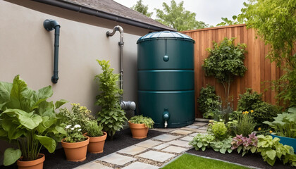 Eco rainwater storage tank in home garden