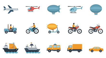 A vector set of flat transportation icons depicting various vehicles like cars, trains, trucks, buses, airplanes, ships, and helicopters for travel design