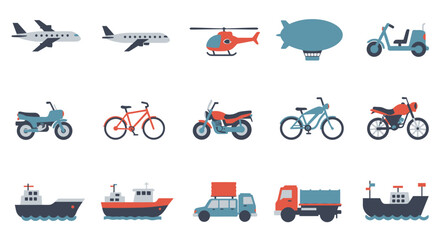 Transportation and Travel Icon Set with Vehicles Planes Trains and More