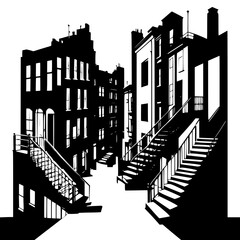 Silhouette of skyline with stairs and alleyways city