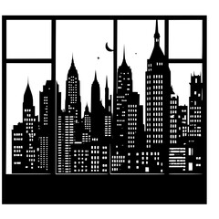 Silhouette of night city with window cut-outs