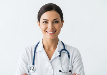 A smiling female doctor, arms crossed, wearing a white coat and stethoscope, against a plain white background.