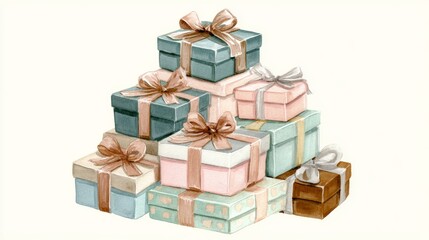 Obraz premium Elegant stack of pastel gift boxes tied with satin ribbons on white background