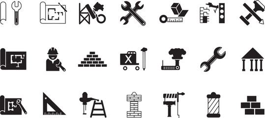 Construction Icons Blueprint, Tools, and Building Elements