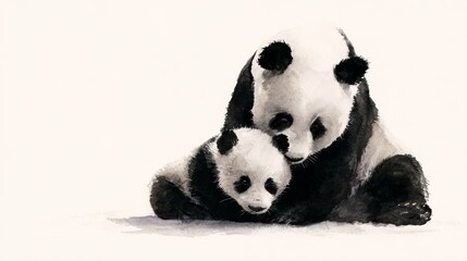 Naklejka premium Gentle Mother Panda Cuddling Baby Cub in Soft Black Ink Washes on White Background
