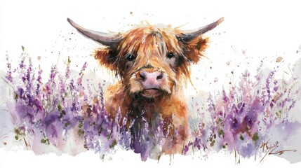 Majestic Scottish Highland cow standing amid blooming heather on white background