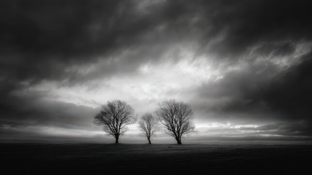 Dramatic black and white landscape featuring bare trees against a cloudy sky evoking solitude and reflection : Generative AI