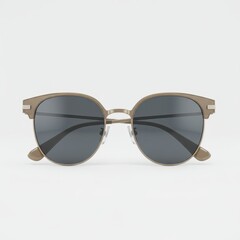 Stylish round sunglasses featuring dark tinted lenses and beige metallic frame, isolated on white background for product presentation.