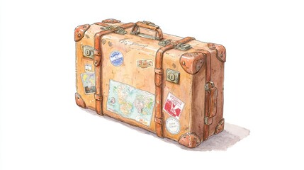 Rustic Vintage Suitcase Covered With Colorful Travel Stickers On White Background