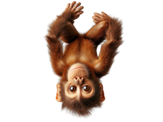 Cute monkey hanging upside down a transparent background cutout png image fun animal concept