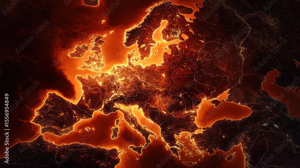 Poster a map of europe is rendered in fiery red-orange tones, creating a striking and intense visual repres