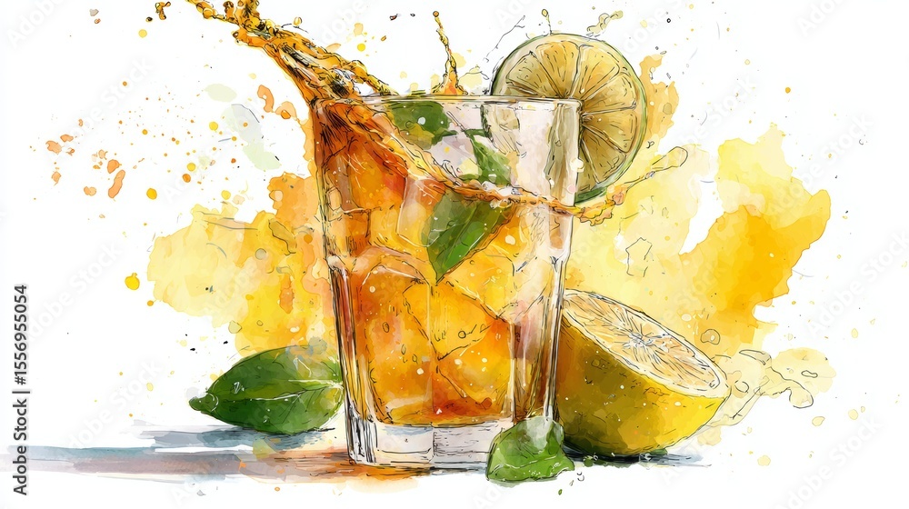 Poster vibrant lemon slice splashing dynamically into refreshing iced tea beverage with bright yellow splas