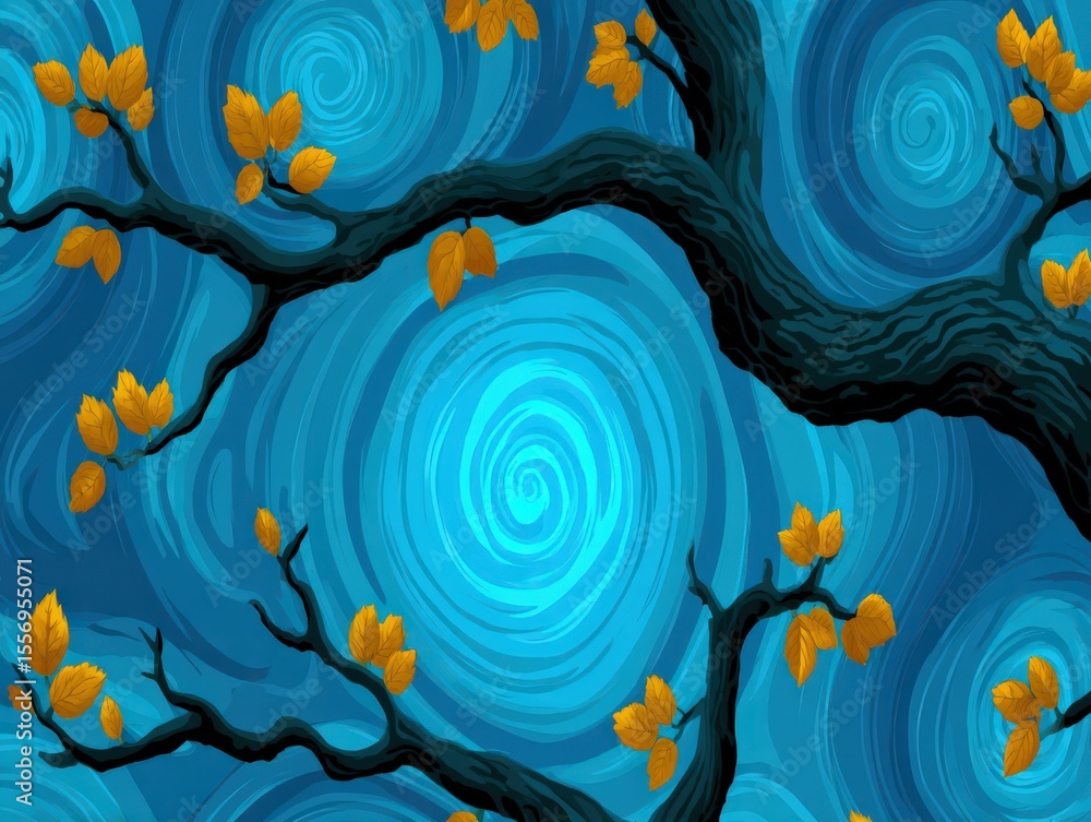 Aufkleber a swirling abstract interpretation of autumn leaves against a striking blue background creating a se