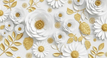 Elegant White and Gold Floral Arrangement with Detailed Petals and Leaves