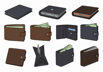 Set of Hand-Drawn Wallet Illustrations with Money and Cards