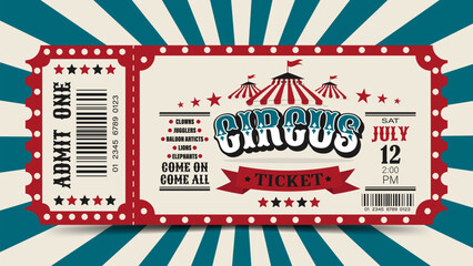 Circus ticket. Vector flat horizontal ticket in vintage style, simple style.	