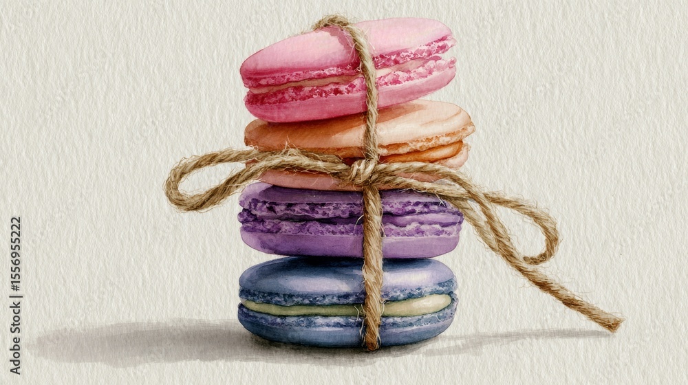 Poster watercolor illustration of a stack of colorful french macarons tied with rustic twine on a clean whi