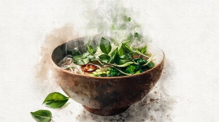 Watercolor illustration of a steaming bowl of traditional Vietnamese pho garnished with fresh herbs in earthy tones on a white background