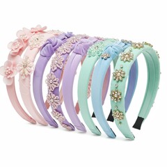 Set of pastel-colored headbands embellished with floral appliques, pearls, and crystals, isolated on white background for accessory or fashion use.