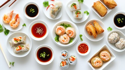 Delicious assortment of sushi, dumplings, and spring rolls on white table
