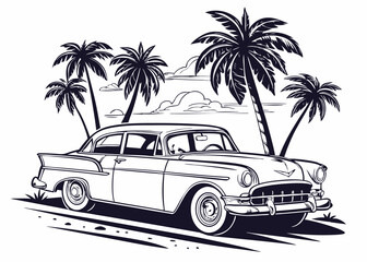 Classic car on a beach with palm trees vintage style black and white line art vector illustration