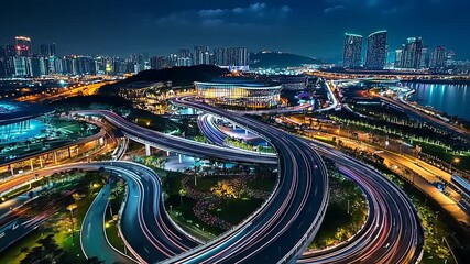 Nighttime cityscape showcasing vibrant highways, illuminated buildings, and a serene waterfront view