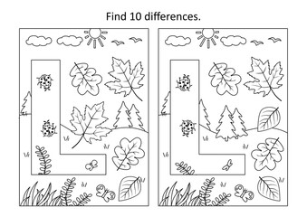 Letter L difference game and coloring page. L is for leaves. L is for ladybug.
