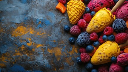 Colorful Summer Ice Cream Cones and Fresh Berries Background