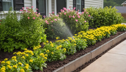Flower beds watered by rain tank system