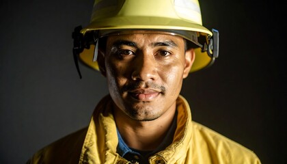Heroic male firefighter in full gear, looking straight