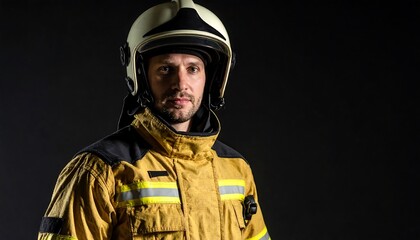 Heroic male firefighter in full gear, looking straight