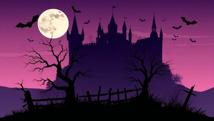 Spooky halloween castle silhouette under a full moon with bats and dead trees