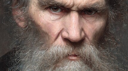 Literary giant - Lev Nikolayevich Tolstoy, intense gaze and thoughtful demeanour, profound wisdom, intellectual depth of one of russia's greatest novelists, philosophers, reflecting enduring legacy.