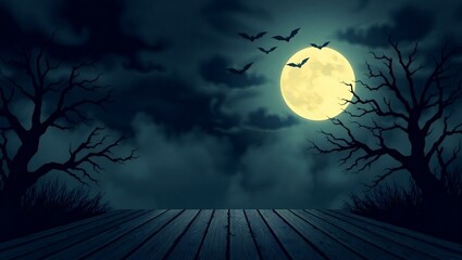 Fototapeta premium Spooky halloween night with a full moon and flying bats