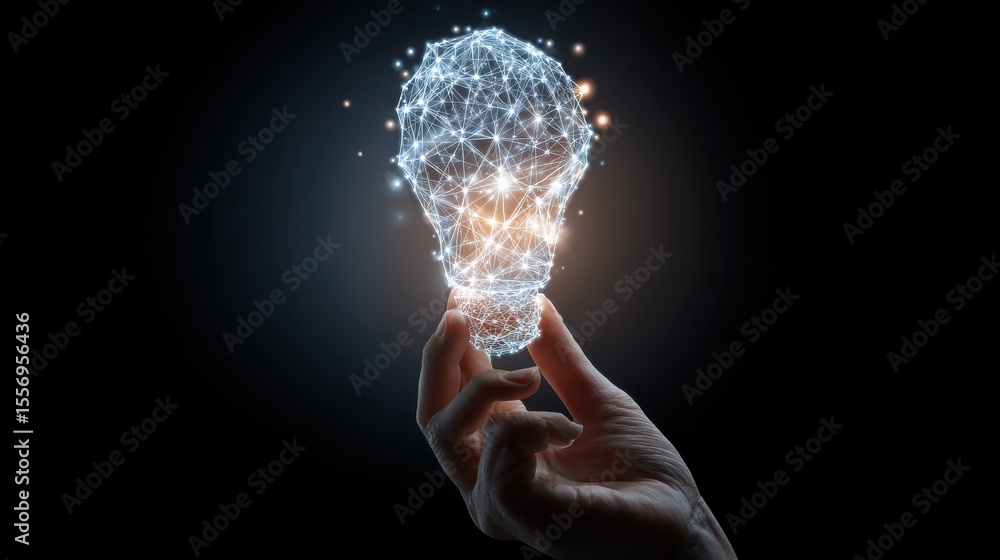 Aufkleber a hand holding a glowing lightbulb with a network of lines and dots inside, symbolizing innovation a