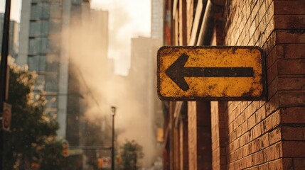 A weathered, yellow warning sign with a diagonal arrow points down on a city street. The sign is mounted on a brick wall. Smoke and haze fill the background.