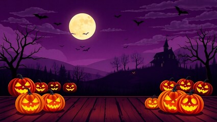 Fototapeta premium Spooky halloween night with jack o lanterns and haunted house