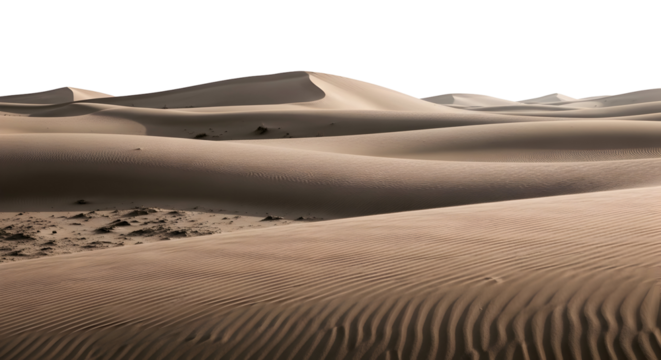 Expansive view of a desert landscape with undulating sand dunes under a dark sky in a remote location