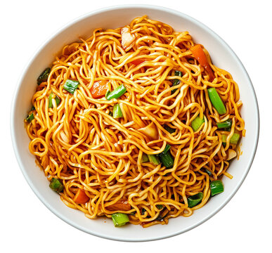 Top view chow mein bowl iisolated on white background png transparent clipart.