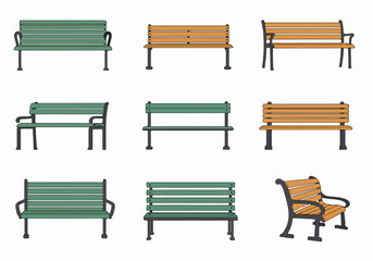 Collection of illustrated park benches in green and brown colors on a white background, showing a variety of styles and perspectives.