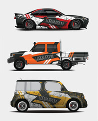 Three stylized vehicles with custom wraps and designs for branding or advertising