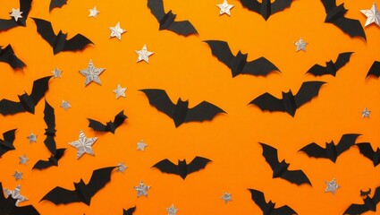 Fototapeta premium Halloween black bats and silver stars scattered on a vibrant orange background