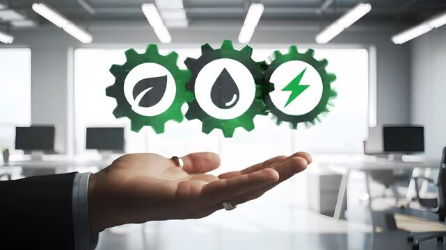 Hand Holding Gears Symbolizing Innovation in Sustainability and Energy