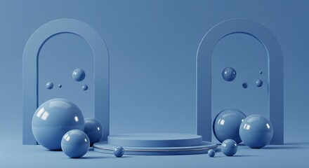 Modern Blue 3D Podium Scene with Abstract Archways and Spheres – Minimal Futuristic Display