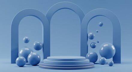 Modern Blue 3D Podium Scene with Abstract Archways and Spheres – Minimal Futuristic Display